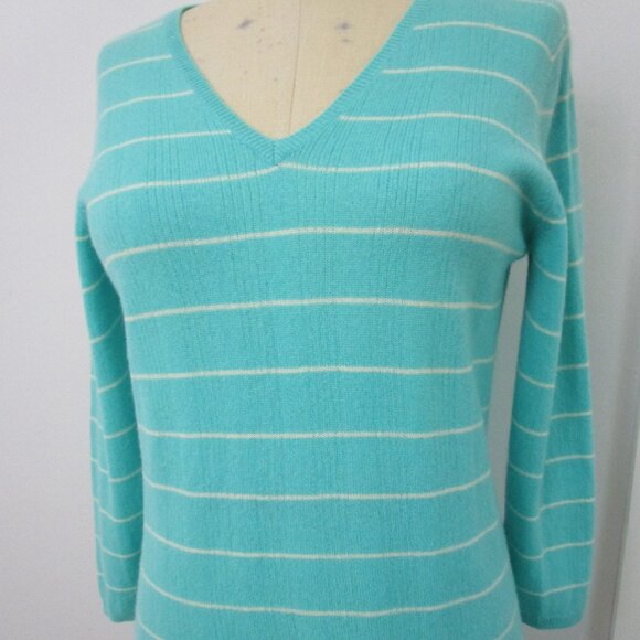 CASHMERE Aqua Blue Stripe Pullover Sweater Cuddly v Neck - Picture 2 of 10